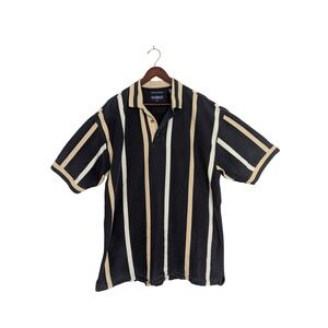 Siegfried Mens XLT Vertical Stripe Polo Shirt Navy Blue Tan White‎ Cotton Rugby